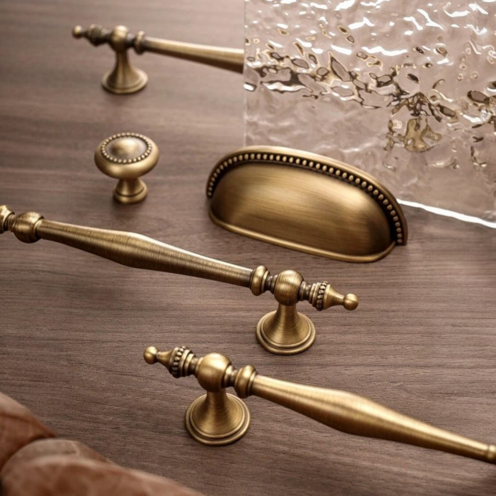 The Antique Sovereign solid brass handles and knobs in antique brass for rustic furniture.