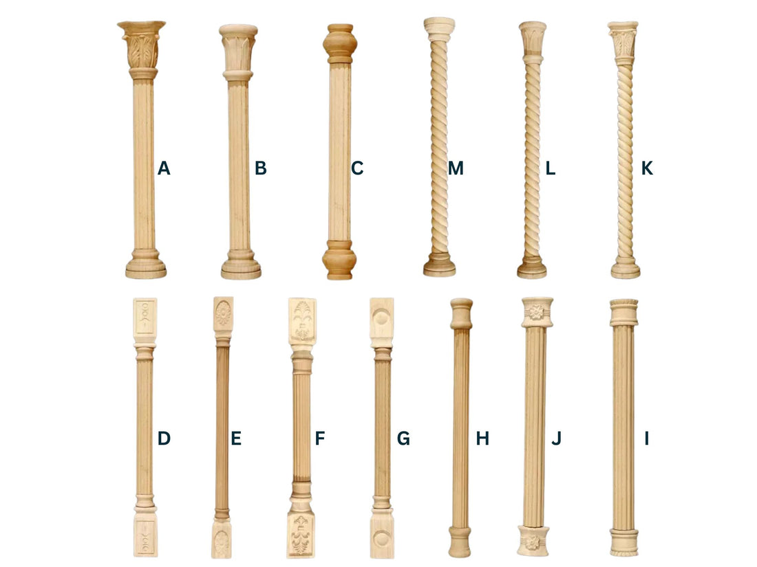 Carved wood column appliques for furniture and cabinet decoration