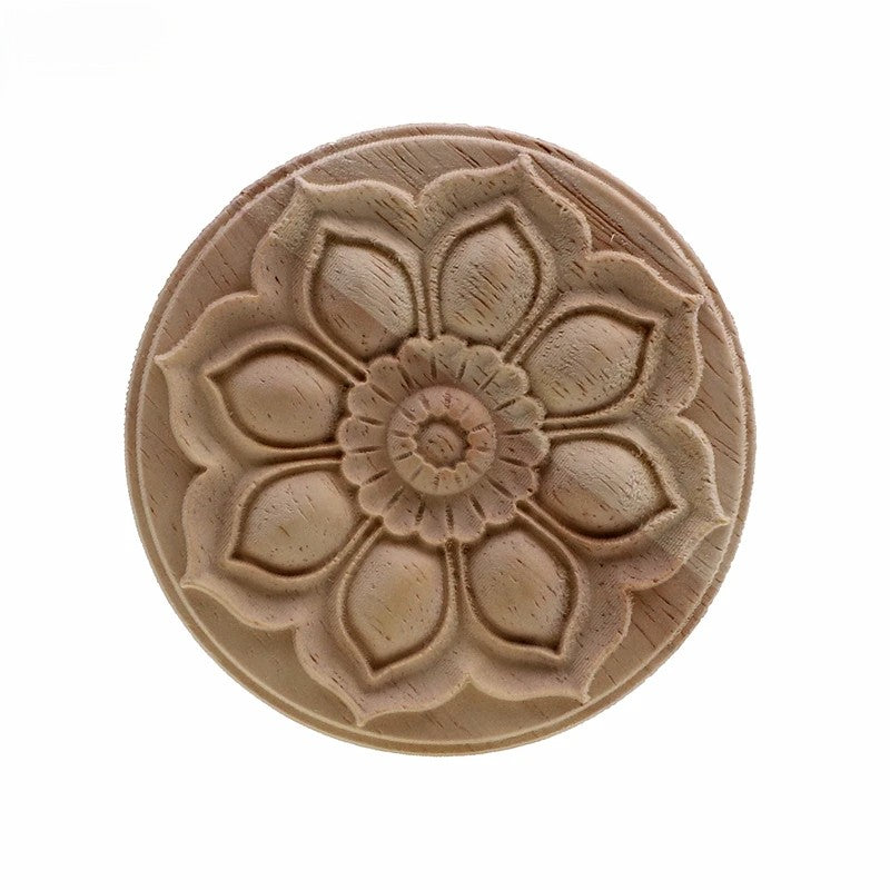 Round carved wood applique with lotus flower rosette motif — unpainted rubber wood furniture onlay in 4 sizes