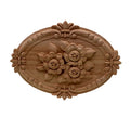Oval carved wood applique with floral rose motif and beaded border — unpainted rubber wood furniture onlay in 3 sizes