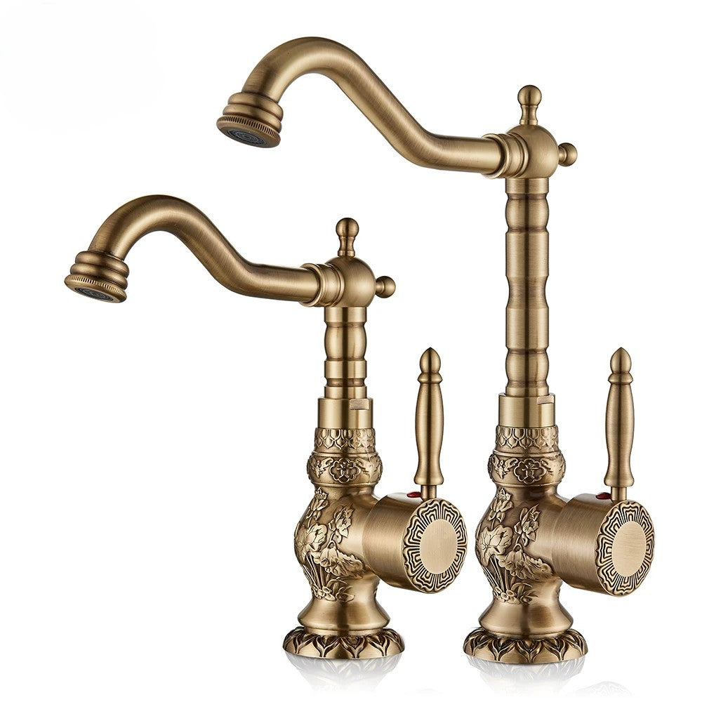 Antique brass carved basin faucet with single handle and swivel spout