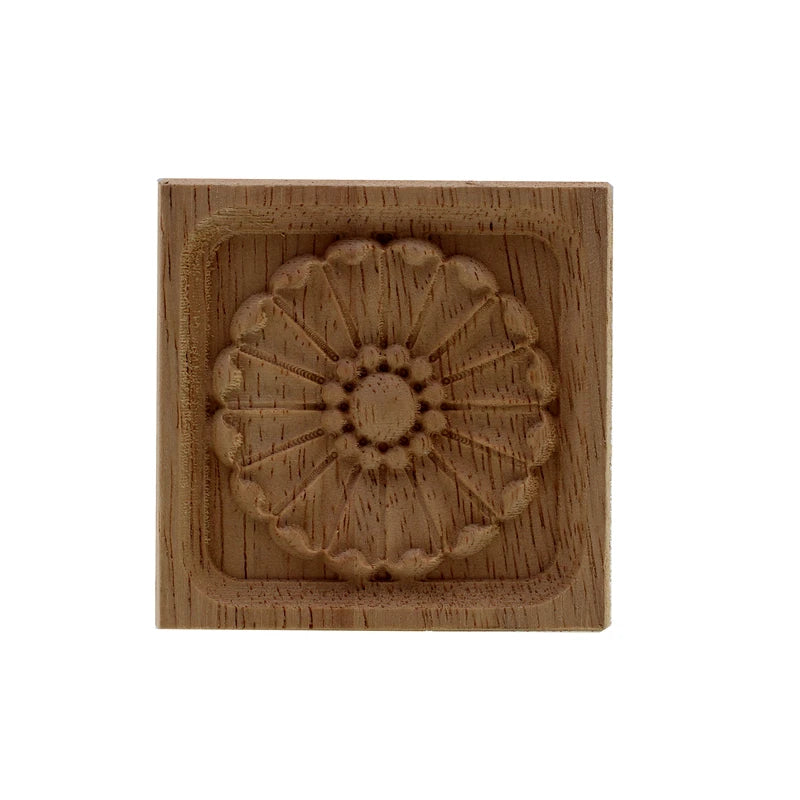 Square carved wood applique with daisy rosette motif and bevelled frame — unpainted rubber wood furniture onlay in 4 sizes