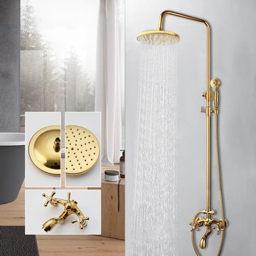 Gold-finished wall-mounted shower system with a round overhead shower head, handheld shower, flexible hose, and control valves, shown installed in a bathroom with water running. Two inset detail views on the left show the shower head underside and the faucet handle close-up.