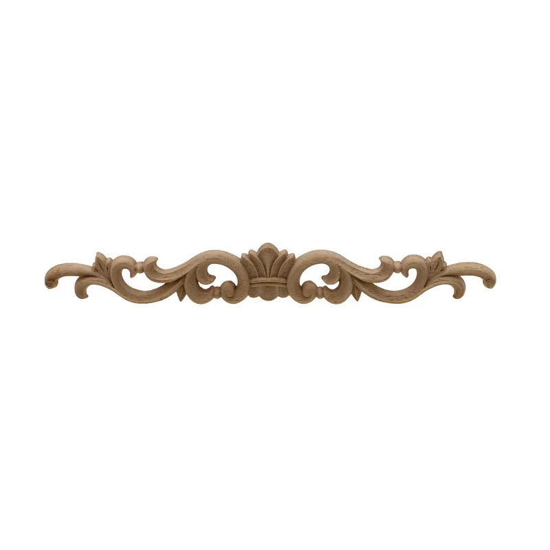 Acanthus scroll carved wood applique strip with central floral crown — unpainted rubber wood border onlay in 4 sizes