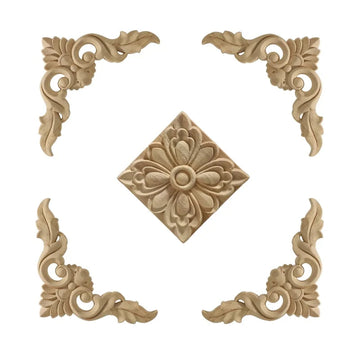 Wood Carved Corner Applique Set (5 Pcs) | Vintage Floral Furniture Onlay Decoration
