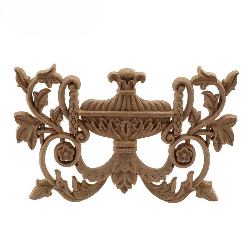 Baroque urn and acanthus scrollwork carved wood applique — unpainted rubber wood furniture onlay in 3 sizes