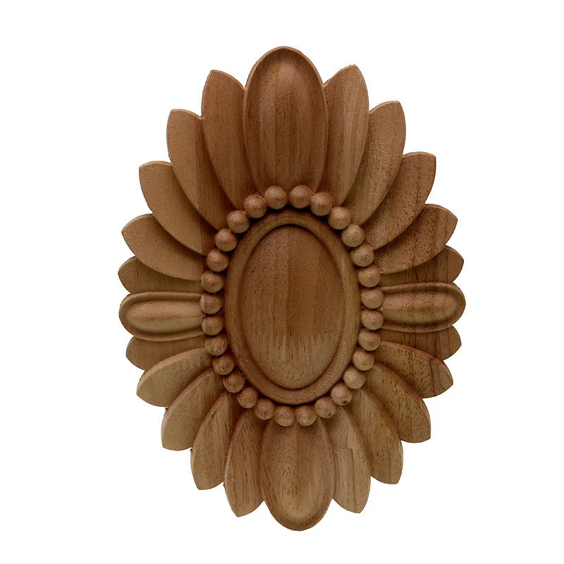 Sunflower oval carved wood applique with layered petals and beaded ring — unpainted rubber wood furniture onlay in 3 sizes