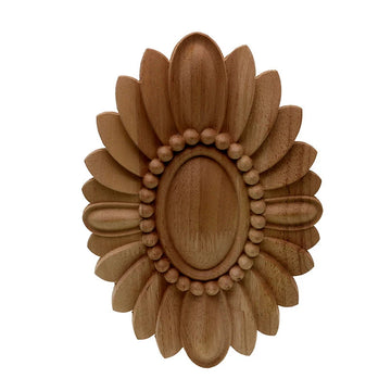Sunflower oval carved wood applique with layered petals and beaded ring — unpainted rubber wood furniture onlay in 3 sizes