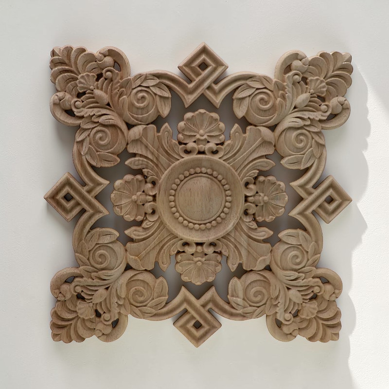 Retro floral square wood applique made from unpainted natural rubber wood for furniture and wall decor.