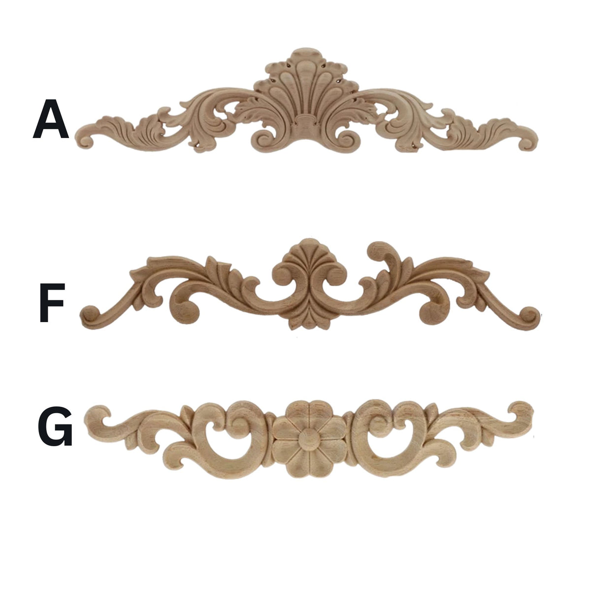 Three ornate carved wood decorative brackets labeled A, F, and G on a white background, shown as product options.