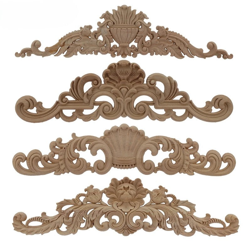 Baroque scrollwork carved wood appliques in 4 designs — unpainted rubber wood horizontal onlay for furniture and doors