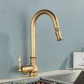 Antique brass pull-out kitchen faucet with black single hole swivel design