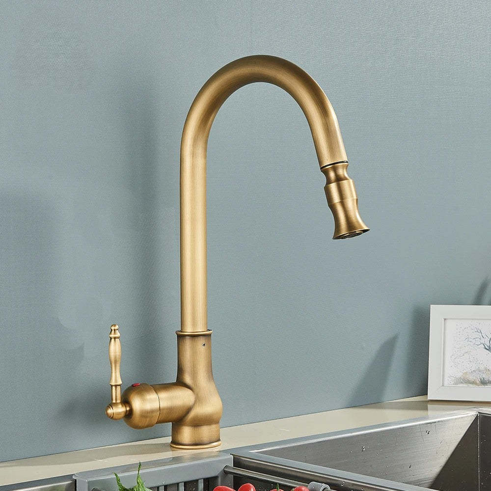 Antique brass pull-out kitchen faucet with black single hole swivel design