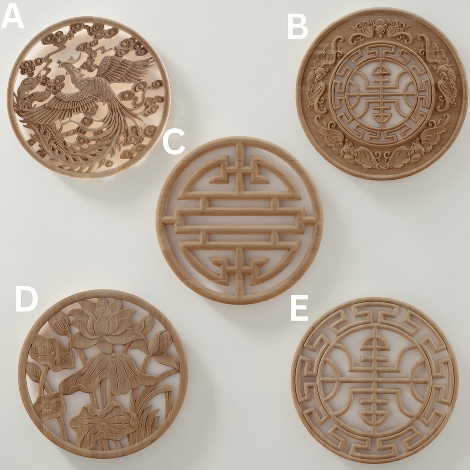 Various sizes of round rose wood carved rosettes from 10cm to 40cm on a white background.