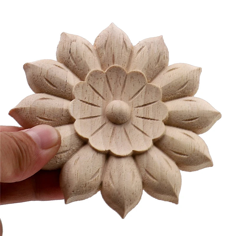 Unpainted round rosette floral wood applique made from natural rubber wood for cabinet and furniture decor