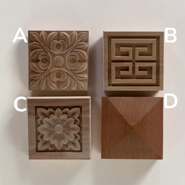Square retro flower wood carving applique on a white background - Natural unfinished wood.