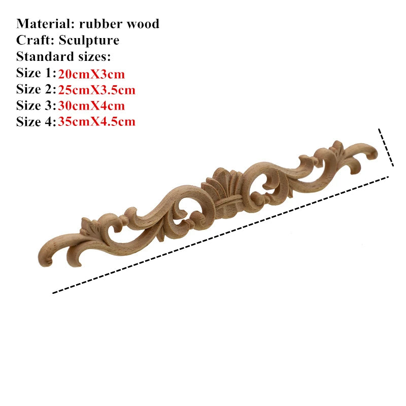 Acanthus scroll carved wood applique strip with central floral crown — unpainted rubber wood border onlay in 4 sizes