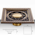 An ornate square floor drain with a decorative bronze and gold finish, shown from a top-down view with dimension line drawings indicating a 120x120 mm square opening and 40 mm depth.