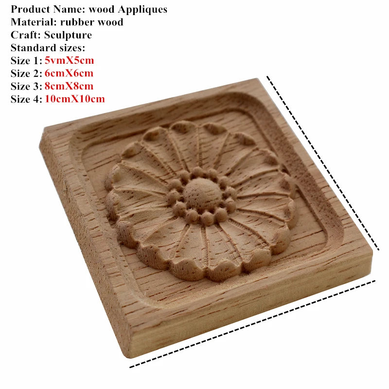 Square carved wood applique with daisy rosette motif and bevelled frame — unpainted rubber wood furniture onlay in 4 sizes