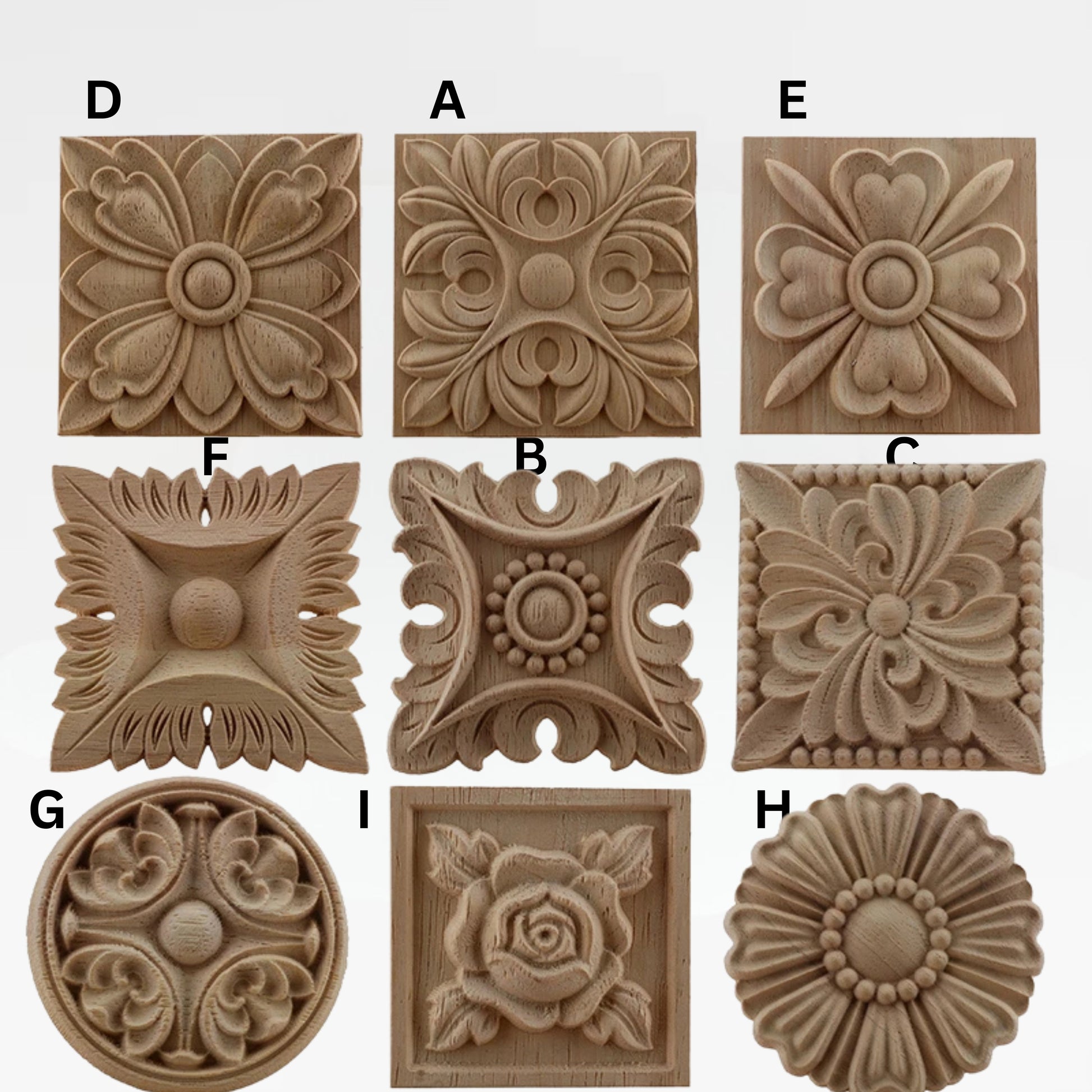 Retro molding wood applique wood sticker, Flower Wood Carving Natural Wood Appliques, Unpainted Square Wood Applique Onlay,Furniture Carving