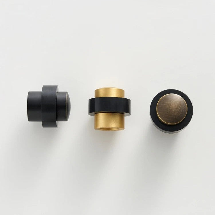 BARREL knurled brass floor mount door stop in gold, matte black and bronze — heavy duty interior bumper