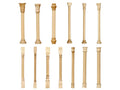 Twelve light natural wood decorative columns in various styles and profiles, arranged in two rows of six on a plain white background.