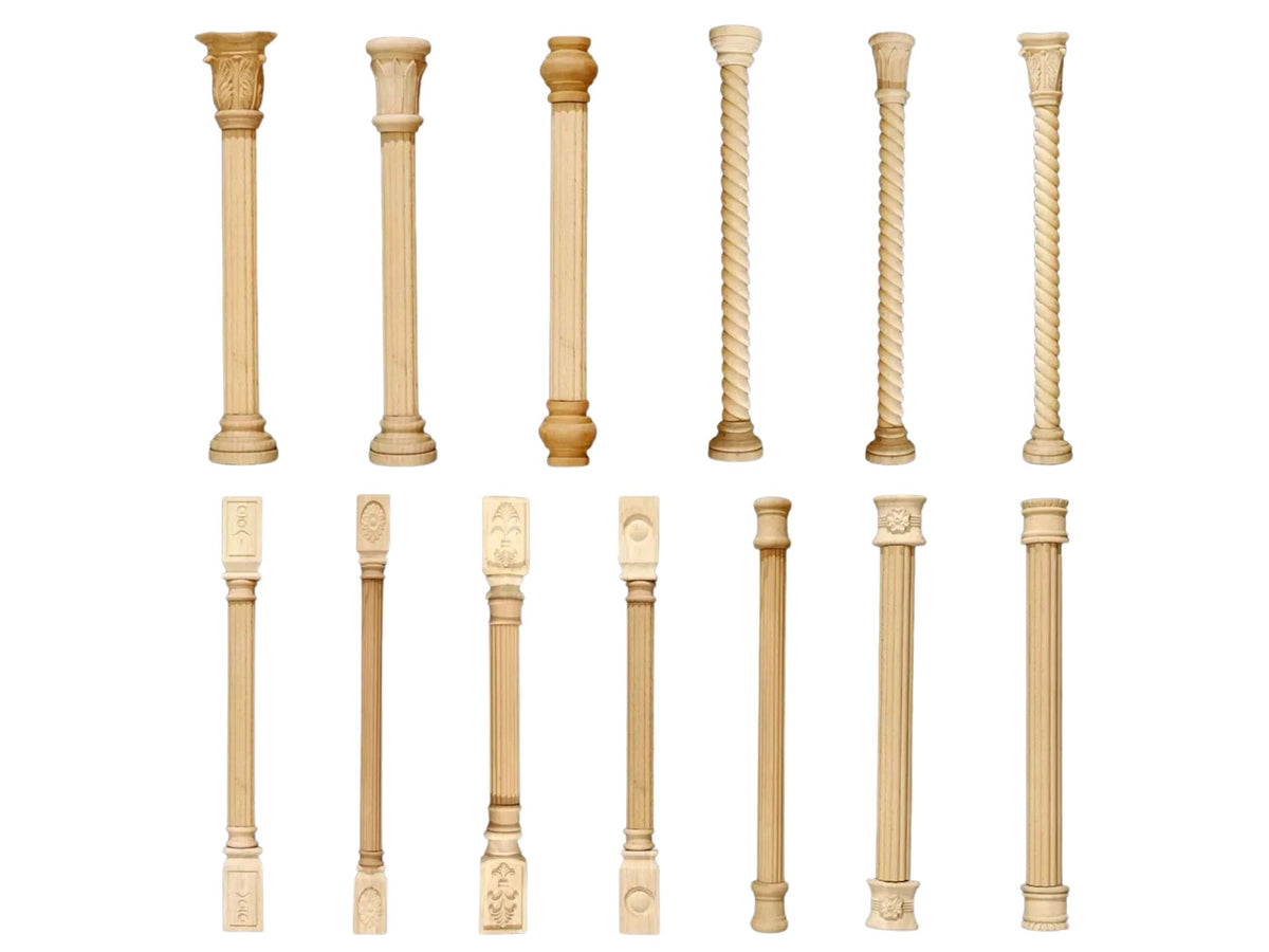 Twelve light natural wood decorative columns in various styles and profiles, arranged in two rows of six on a plain white background.