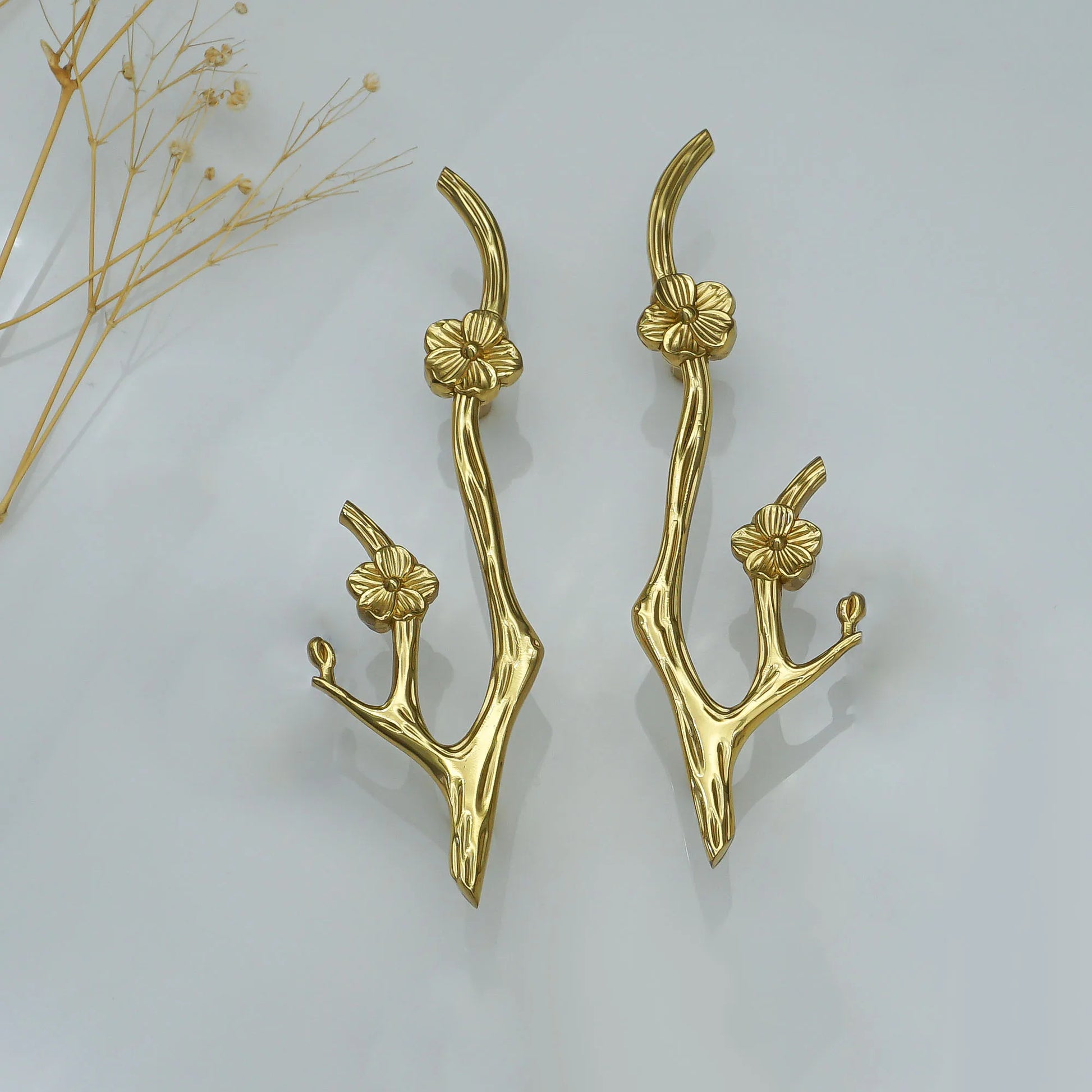BLOSSOM solid brass flower branch cabinet pull handles in polished gold — sculptural botanical drawer hardware