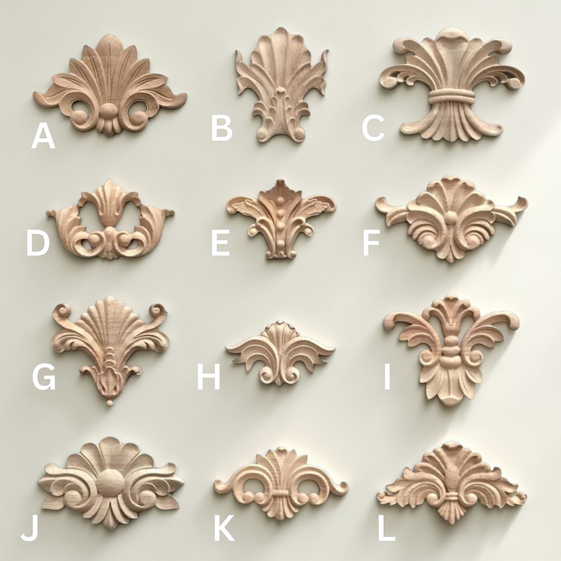 Antique floral wood carved onlay for cabinet and living room furniture decoration.