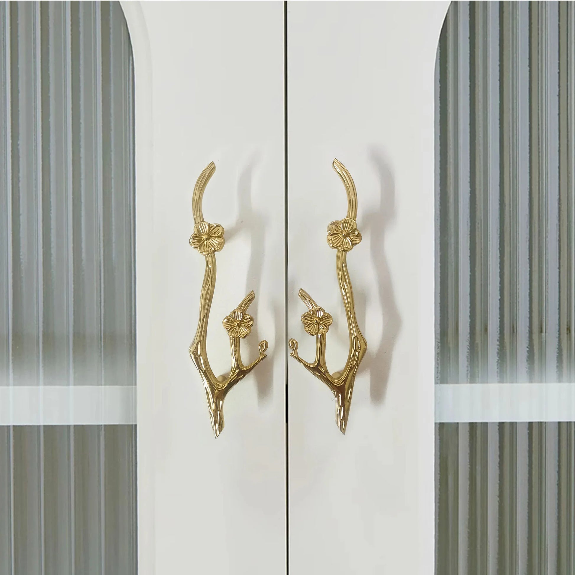 BLOSSOM solid brass flower branch cabinet pull handles in polished gold — sculptural botanical drawer hardware