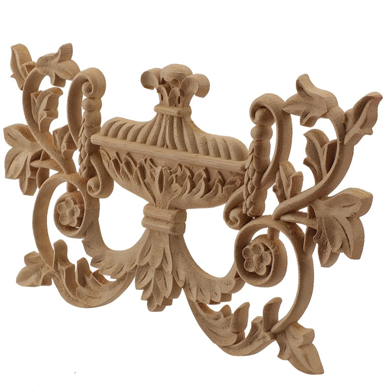 Baroque urn and acanthus scrollwork carved wood applique — unpainted rubber wood furniture onlay in 3 sizes
