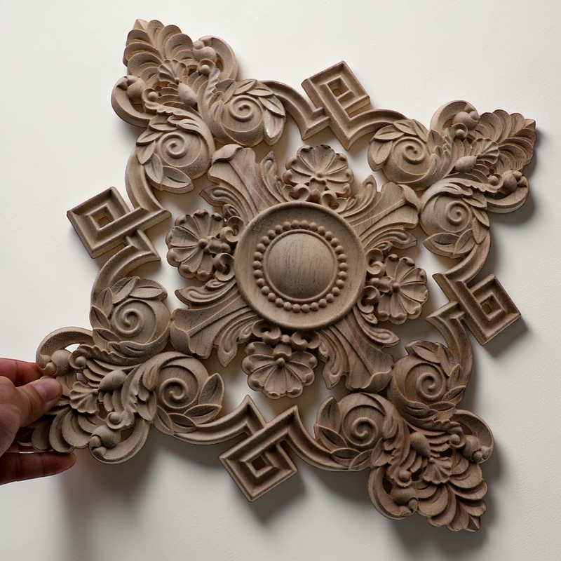 Retro floral square wood applique made from unpainted natural rubber wood for furniture and wall decor.