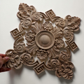 Retro floral square wood applique made from unpainted natural rubber wood for furniture and wall decor.