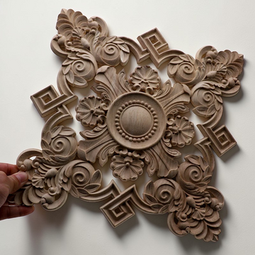 Retro floral square wood applique made from unpainted natural rubber wood for furniture and wall decor.