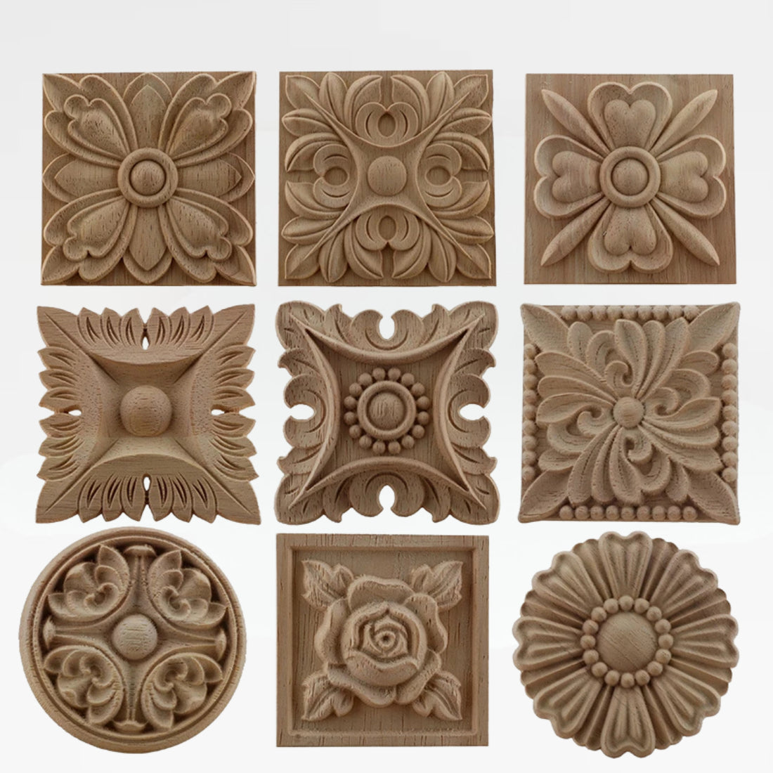 European retro oval unpainted rubber wood applique for furniture and wall decor