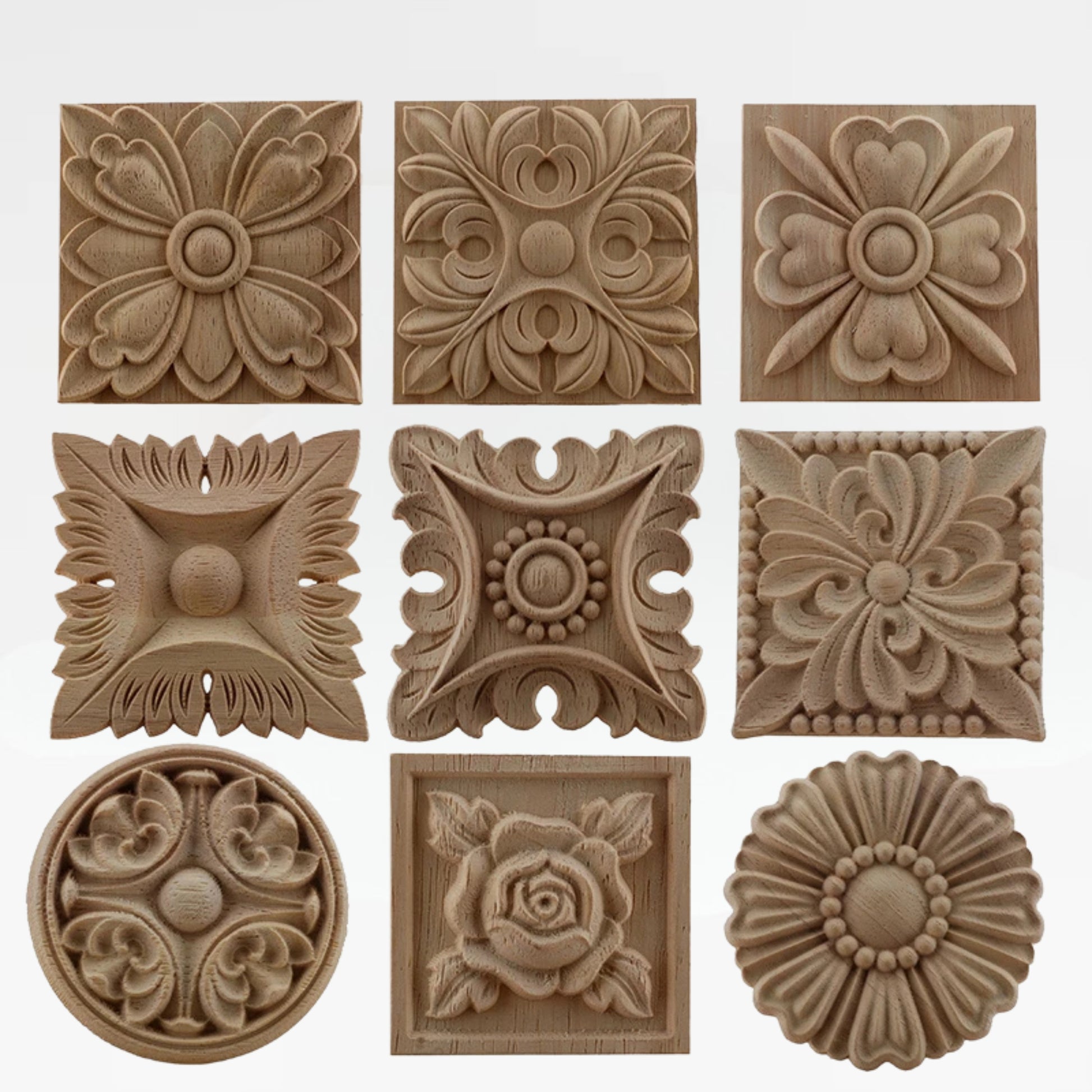European retro oval unpainted rubber wood applique for furniture and wall decor