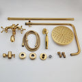 Gold stainless steel rainfall shower faucet set with 8-inch showerhead, in-wall mixer valve, swivel tub spout, and vertical shower column for bathroom installation