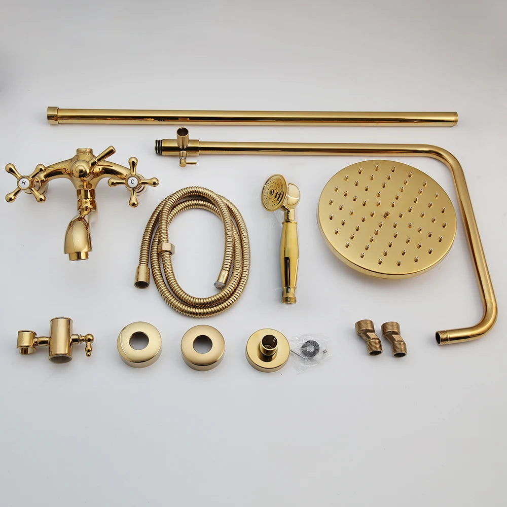 Gold stainless steel rainfall shower faucet set with 8-inch showerhead, in-wall mixer valve, swivel tub spout, and vertical shower column for bathroom installation