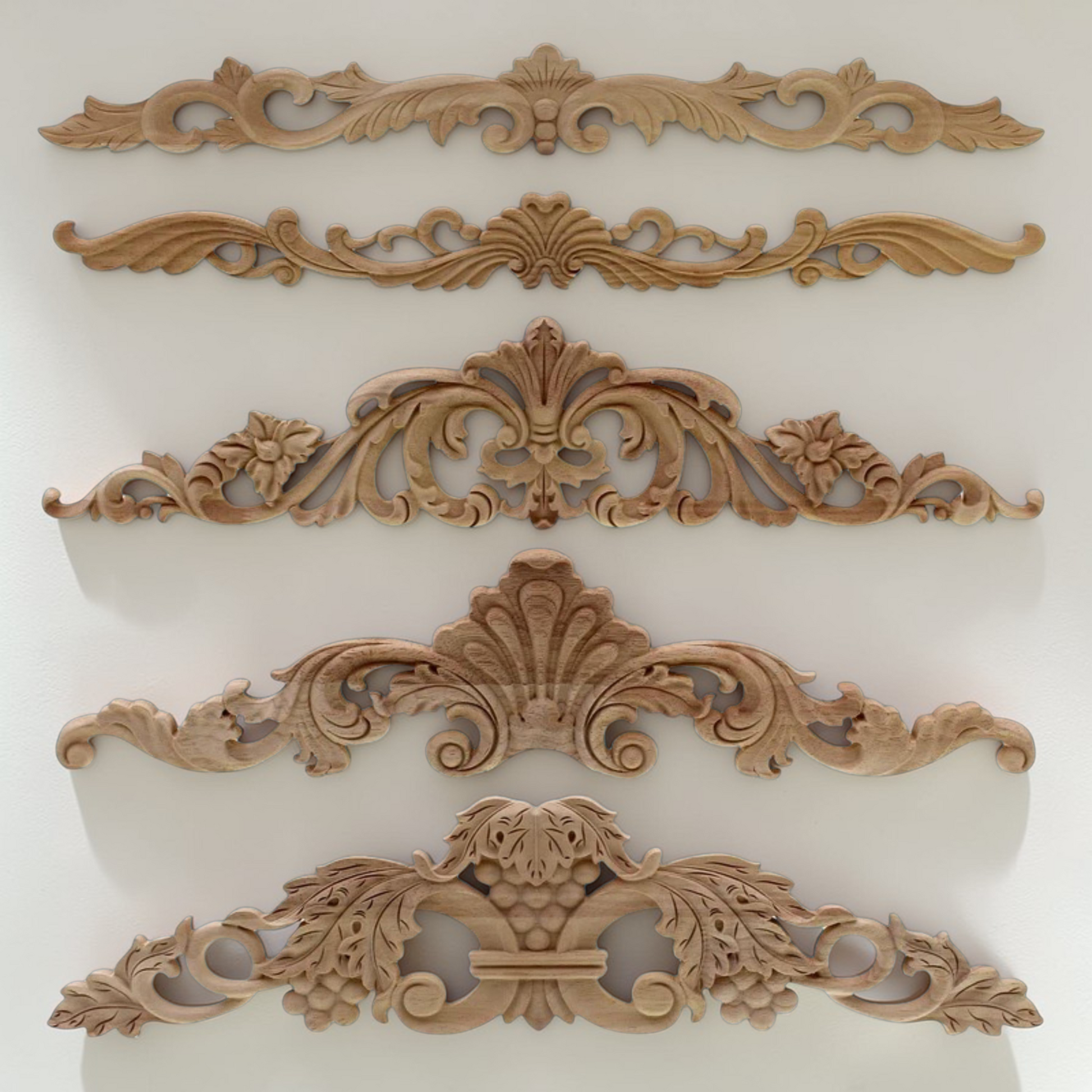 Vintage solid wood carved flower applique for furniture and home decoration.