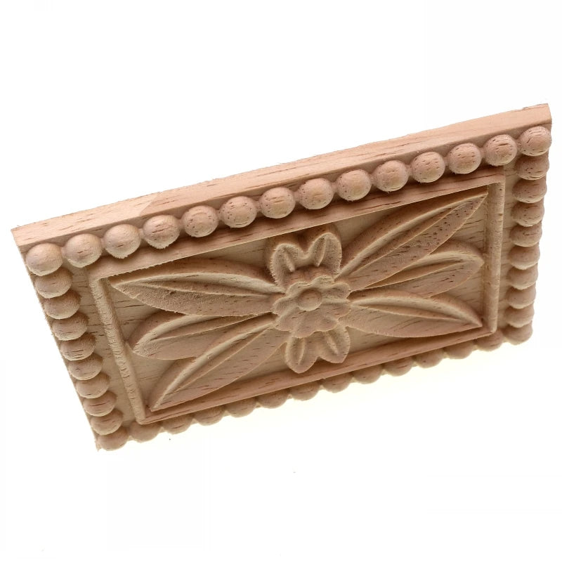 Rectangular floral carved wood applique made from natural rubber wood for furniture and cabinet decoration