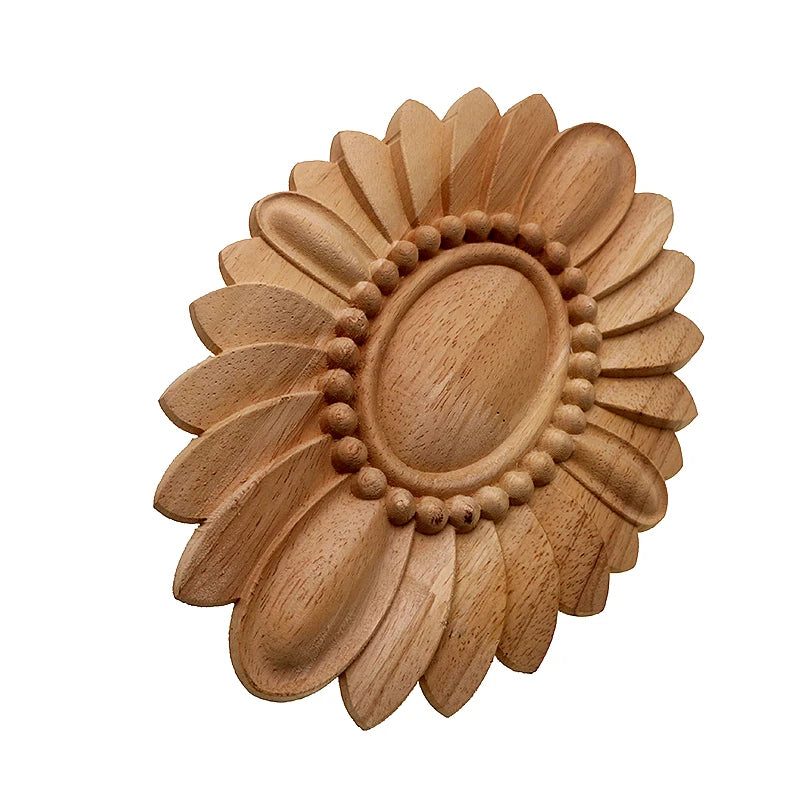 Sunflower oval carved wood applique with layered petals and beaded ring — unpainted rubber wood furniture onlay in 3 sizes