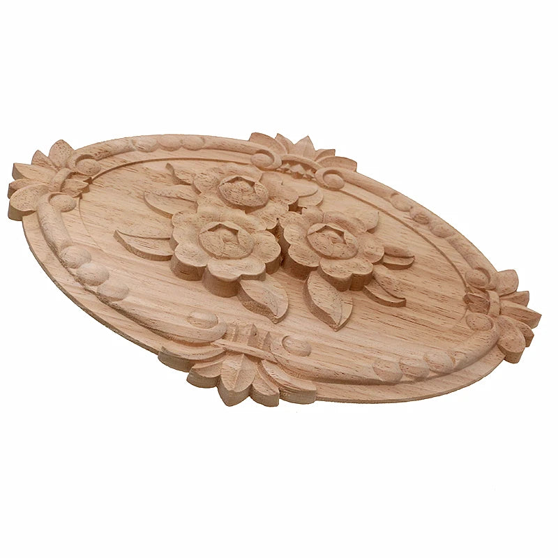 Oval carved wood applique with floral rose motif and beaded border — unpainted rubber wood furniture onlay in 3 sizes