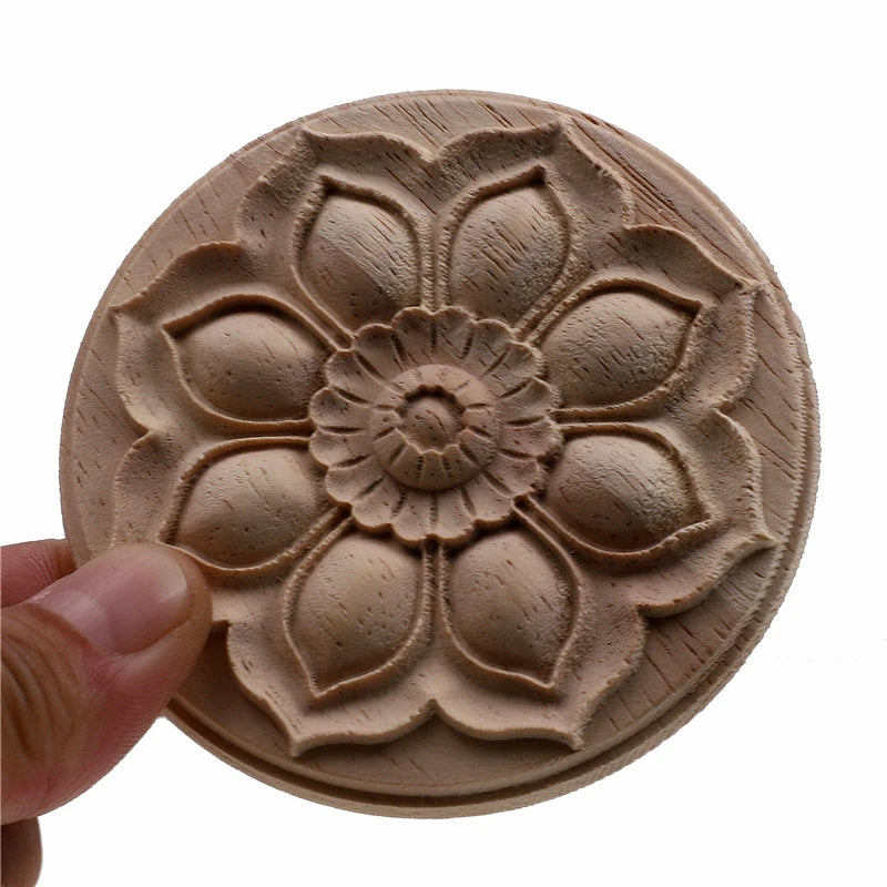 Round carved wood applique with lotus flower rosette motif — unpainted rubber wood furniture onlay in 4 sizes