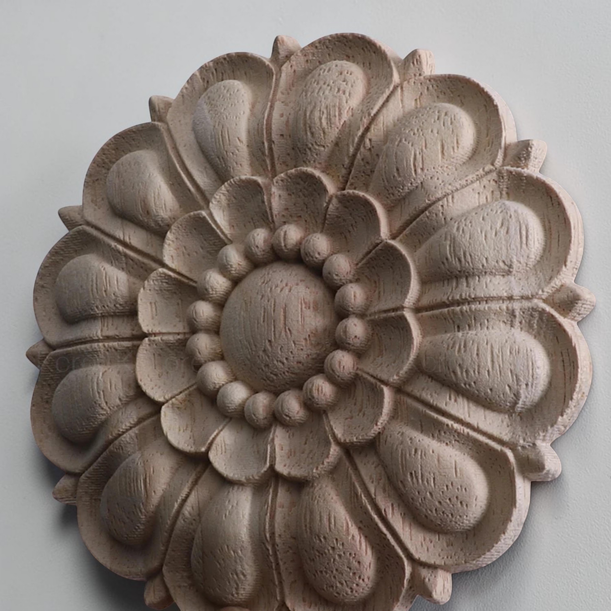 Large 16-inch round wood rosette used as a central fireplace mantel decoration.