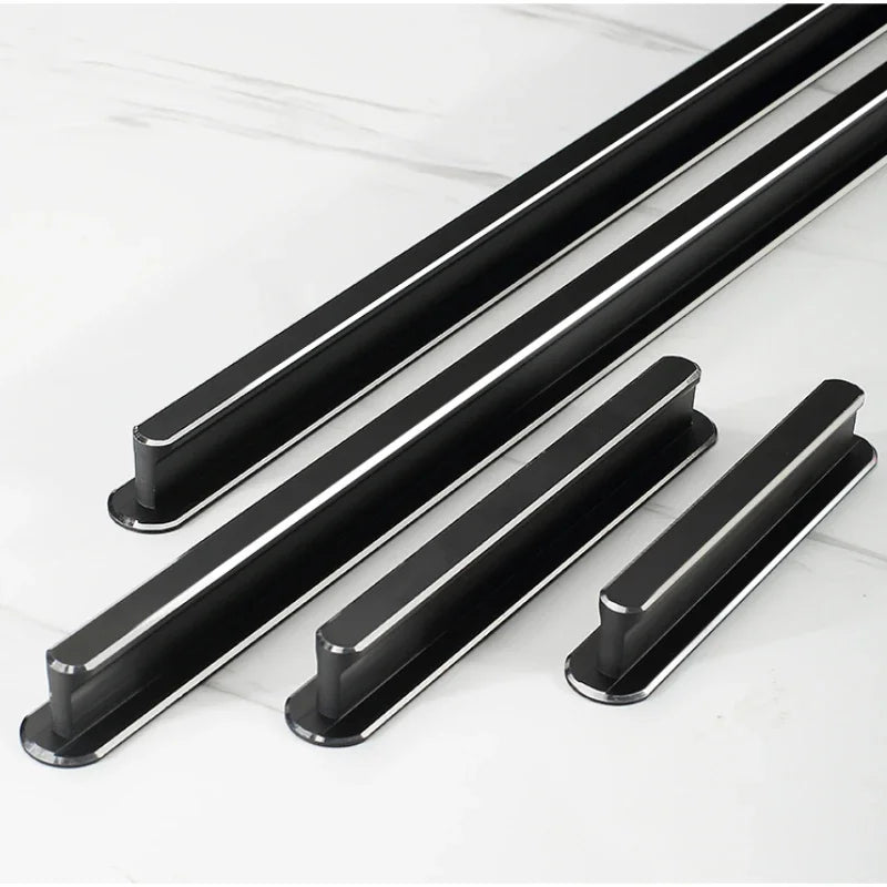 ECLIPSE matte black aluminum cabinet handles with silver edge detail — modern bar pulls in multiple sizes