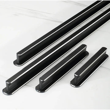ECLIPSE matte black aluminum cabinet handles with silver edge detail — modern bar pulls in multiple sizes