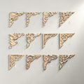 Natural wood carved corner applique with intricate floral detail for furniture decoration.