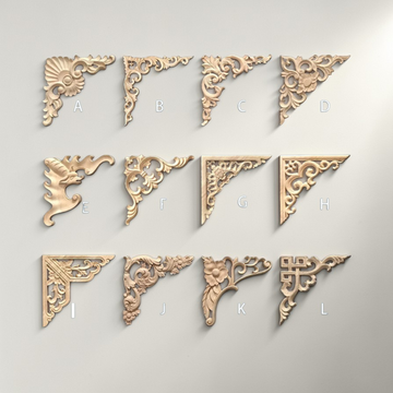 Natural wood carved corner applique with intricate floral detail for furniture decoration.
