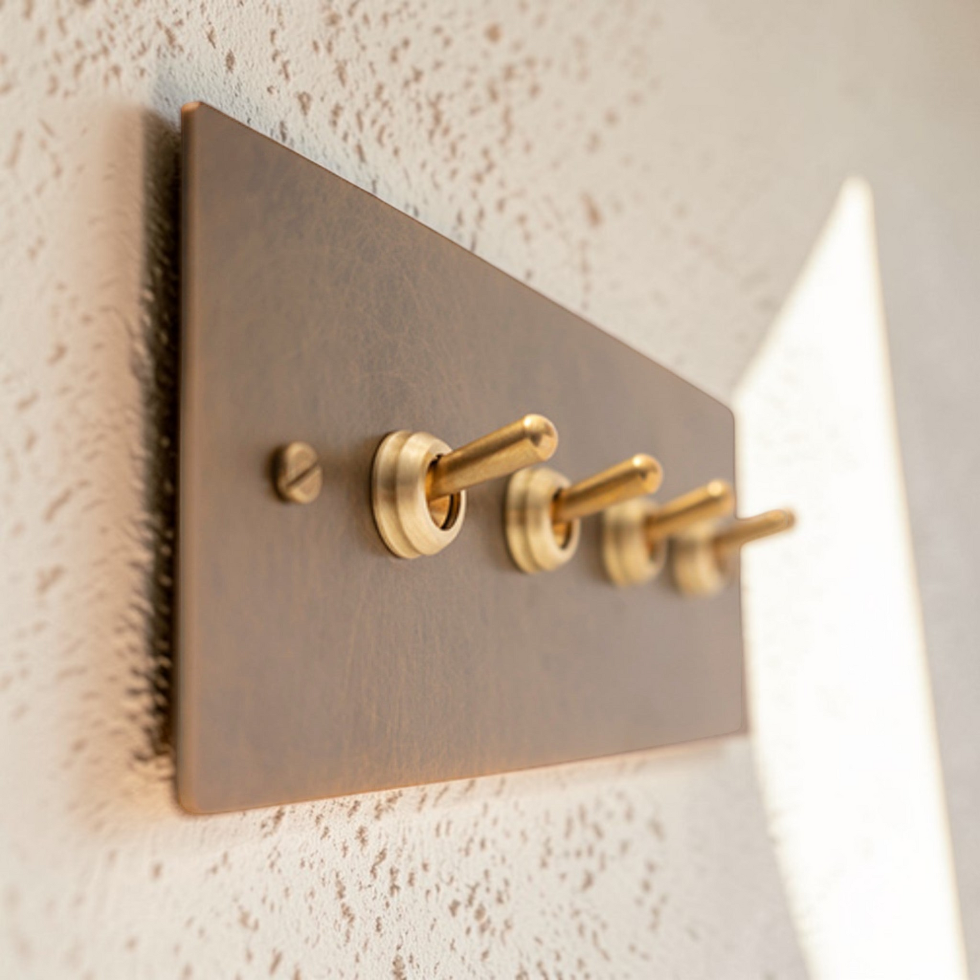 Retro aged brass toggle and dimmer switch panel in 1–4 gang options made from solid brass.