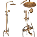 Antique brass rainfall shower faucet set with shelf and handheld shower